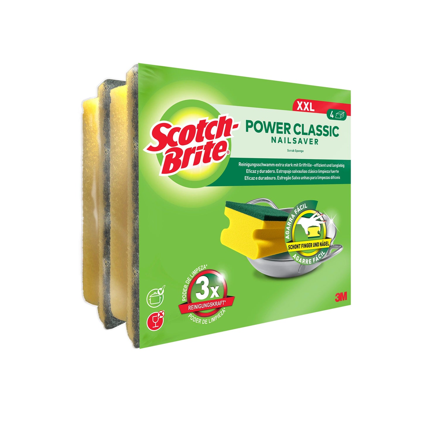 Eine Packung 3M Deutschland GmbH Scotch-Brite® Classic Griffschwamm XL, 4 Stück pro Packung, kommt in grüner Verpackung und hebt die starke Reinigungsleistung und den Nagelschutz hervor.