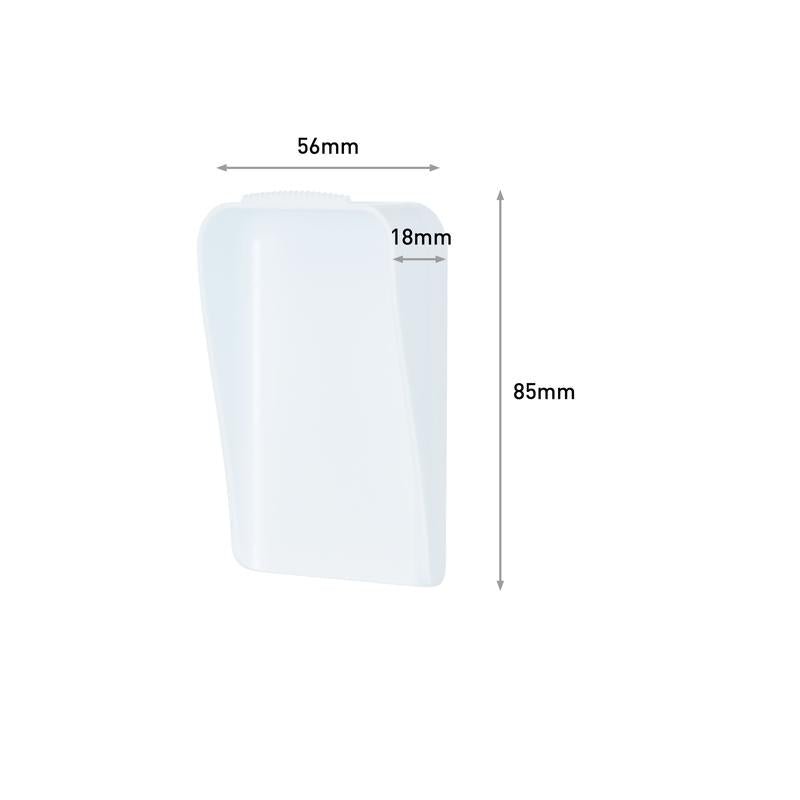 3M Deutschland GmbH:n Command™-kangasripustin on kuvattu yksinkertaisella valkoisella taustalla. Se on valkoinen, suorakulmainen muoviesine, jonka leveys on 56 mm, syvyys 18 mm ja korkeus 85 mm, ja mitat on selvästi merkitty.