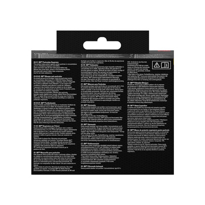 3M™ Quick Latch -hengityssuojaimen 6502QLKIT-1 (A2P3, orgaanisille höyryille) tuotepakkaus 3M Deutschland GmbH:lta näyttää monikielisiä ohjeita sekä kuvakkeita käytettäväksi vaihdettavien suodattimien kanssa mustalla taustalla ripustuslenkillä.