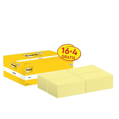 Keltainen laatikko Post-it®-muistilappuja (76mm x 127mm, 100 arkkia/lohko) 3M:ltä, sisältää 16 lohkoa plus 4 ilmaista. Etiketti "16+4 ILMAISEKSI" tekee tästä PEFC-sertifioidusta toimistotarvikkeesta arvokkaan lisän mihin tahansa työympäristöön.