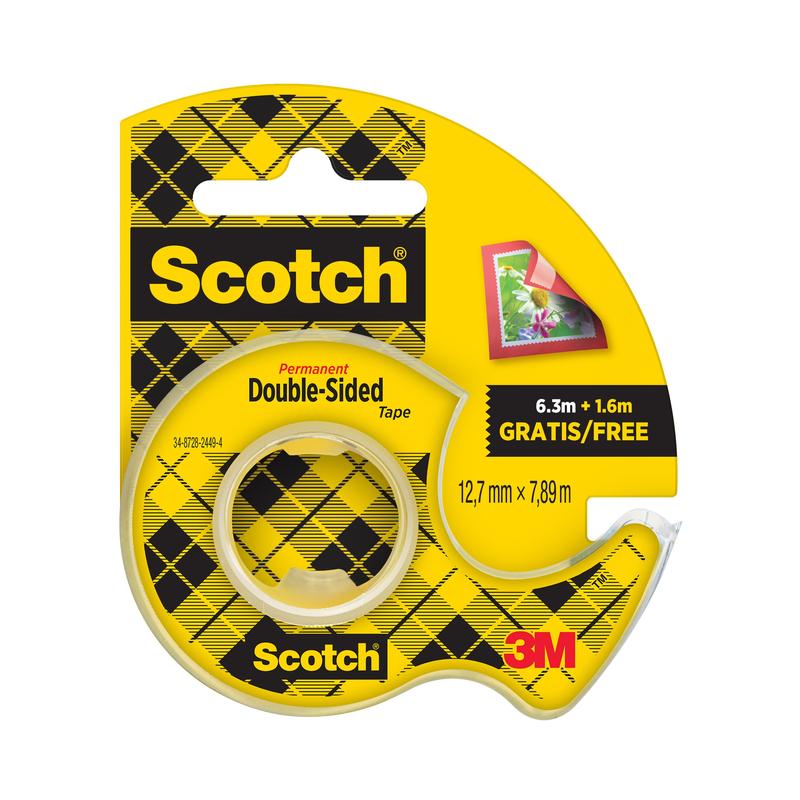 Yksi pakkaus Scotch® kaksipuolista teippiä 3M Deutschland GmbH:lta (12,7 mm x 7,89 m) 25% ekstraa ja keltainen käsikela, soveltuu käytettäväksi paperilla. Sisältää 1 rullan.