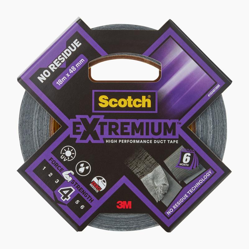 Yksi rulla 3M Scotch® Extremium™ No Residue -teippinauhaa, 18,2 m x 48 mm, 3M Deutschland GmbH:n pakkauksessa, joka edustaa vahvaa pitoa ja edistyksellistä 6 kuukauden jäämätöntä teknologiaa.
