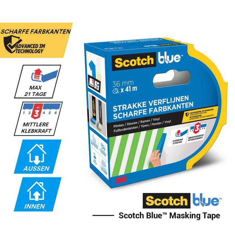 ScotchBlue™ maalarinteippi teräville linjoille 3M Deutschland GmbH:ltä, 36 mm x 41 m, tarjoaa teräviä reunoja, keskinkertaisen tarttuvuuden, innovatiivista 3M-teknologiaa ja on käytettävissä jopa 21 päivää sisällä ja ulkona.
