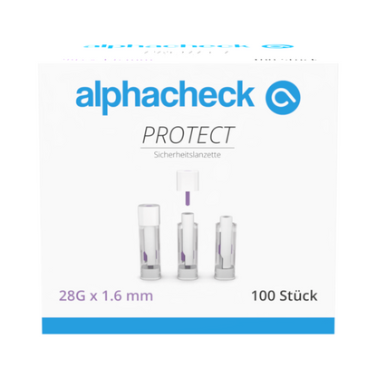 Eine Schachtel mit der Aufschrift „alphacheck PROTECT“ der Berger Med GmbH enthält 100 Alphacheck PROTECT Sicherheitslanzetten (28G x 1,6 mm) zur schmerzarmen Blutentnahme. Die Vorderseite zeigt drei Lanzetten mit Text in Deutsch und Englisch.