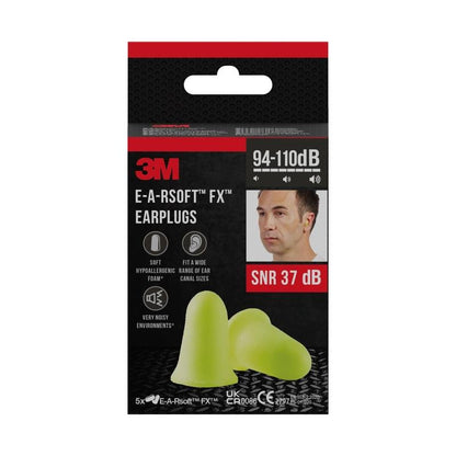 3M™ E-A-Rsoft™ FX™ -korvatulpat, jotka on valmistettu pehmeästä polyuretaanivaahdosta, ovat keltaisia, tarjoavat SNR-arvon 37 dB ja tulevat 5 parin pakkauksessa 3M Deutschland GmbH:lta - ihanteelliset meluisille ympäristöille.