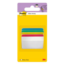Die Post-it® Index Strong Ablagetabs der 3M Deutschland GmbH enthalten pro Spender 24 gebogene Ablagetabs in den Farben Rot, Gelb, Blau und Grün (50,8 x 38,1 mm), die sich perfekt für die Organisation eignen; die Verpackung zeigt das 3M Logo und die Abmessungen.