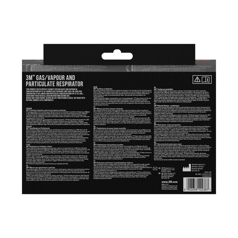 3M™ hengityssuojaimen takapuoli, jossa on integroidut suodattimet 3M Deutschland GmbH:ltä, sisältää tuotetiedot, ohjeet ja varoitukset useilla kielillä mustalla taustalla valkoisella tekstillä sekä viivakoodin alaoikealla.