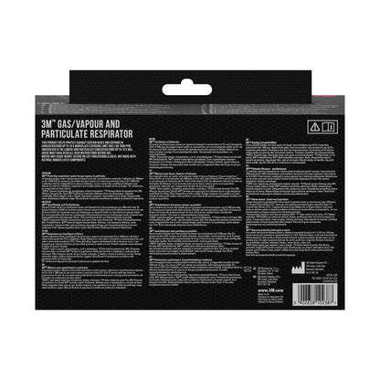 3M™ hengityssuojaimen takapuoli, jossa on integroidut suodattimet 3M Deutschland GmbH:ltä, sisältää tuotetiedot, ohjeet ja varoitukset useilla kielillä mustalla taustalla valkoisella tekstillä sekä viivakoodin alaoikealla.
