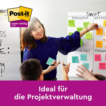 Nainen osoittaa SWOT-analyysia värikkäillä suurikokoisilla Post-it® Super Sticky Notes -muistilapuilla (101mm x 101mm, 90 arkkia, 100 % PEFC) 3M Deutschland GmbH:lta - täydellinen projektinhallintaan ja tiimityöhön.