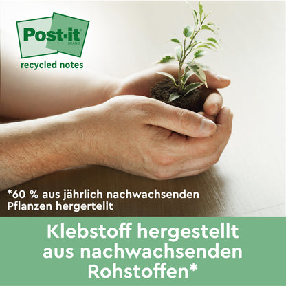 Eine Person hält eine kleine Pflanze mit Erde, auf der das Logo von Post-it® Super Sticky 100% Recycling Notes (47,6 mm x 47,6 mm, 70 Blatt/Block, PEFC) und ein deutscher Text über umweltfreundliche Notizen von 3M Deutschland GmbH zu sehen sind.