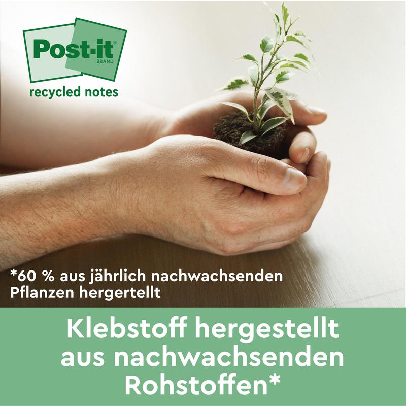 Henkilö pitää pientä kasvia maassa vihreän saksankielisen bannerin vieressä, joka osoittaa, että 3M Deutschland GmbH:n Post-it® Recycling Z-Notes (76x76 mm, 100 arkkia/lohko, 100 % PEFC) on valmistettu uusiutuvista raaka-aineista ja vuosittain uusiutuvista kasveista.