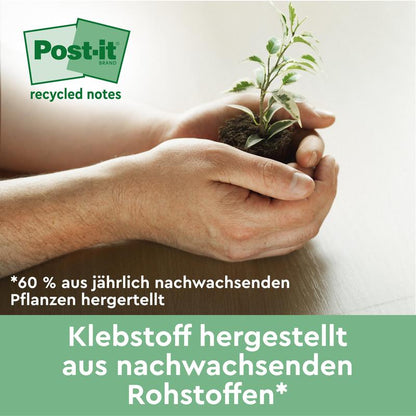 Henkilö pitää pientä kasvia maassa vihreän saksankielisen bannerin vieressä, joka osoittaa, että 3M Deutschland GmbH:n Post-it® Recycling Z-Notes (76x76 mm, 100 arkkia/lohko, 100 % PEFC) on valmistettu uusiutuvista raaka-aineista ja vuosittain uusiutuvista kasveista.