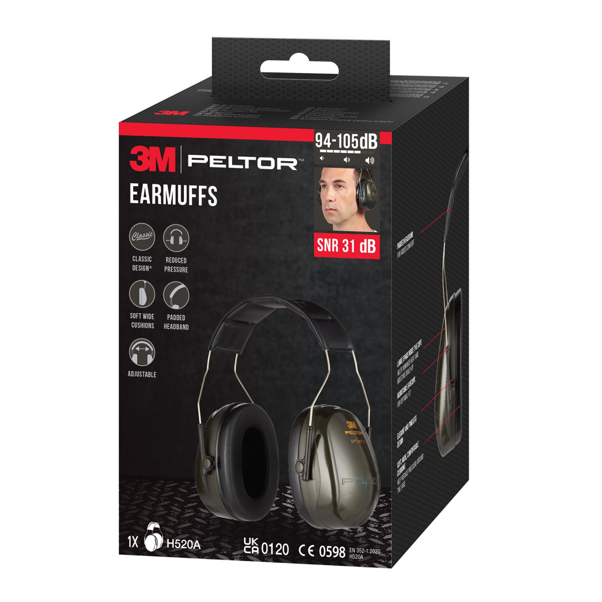 Die grüne 3M™ PELTOR™ Optime™ II H520A Box der 3M Deutschland GmbH zeigt ein Bild des Kapselgehörschutzes und eines Trägers, hebt den SNR 31 dB, die verstellbare Passform und die weichen Ohrpolster hervor und enthält ein Stück pro Packung.