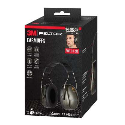 Laatikko 3M™ PELTOR™ Optime™ II -kuulonsuojaimia H520A (1 kappale, vihreä) 3M Deutschland GmbH:lta erottuu SNR-arvolla 31 dB, säädettävällä istuvuudella ja pehmeillä pehmusteilla mukavuuden takaamiseksi.