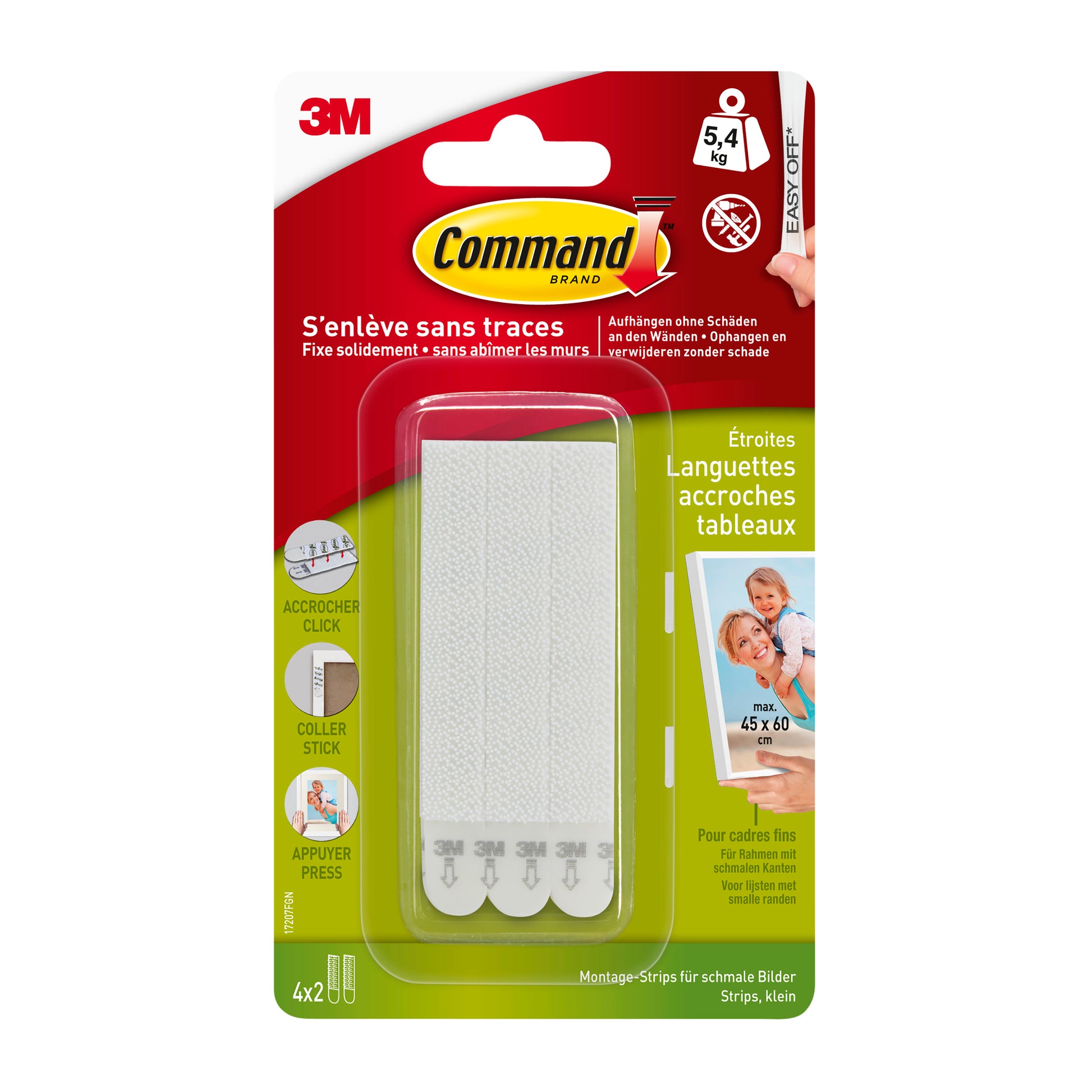 Ein 3M Deutschland GmbH Command Picture Hanging Pack (1 Stück) enthält schmale weiße Streifen, trägt bis zu 10 lb, enthält Produktinformationen auf Französisch und Bilder auf rot/grünem Hintergrund. Modell: 17207/PH207.