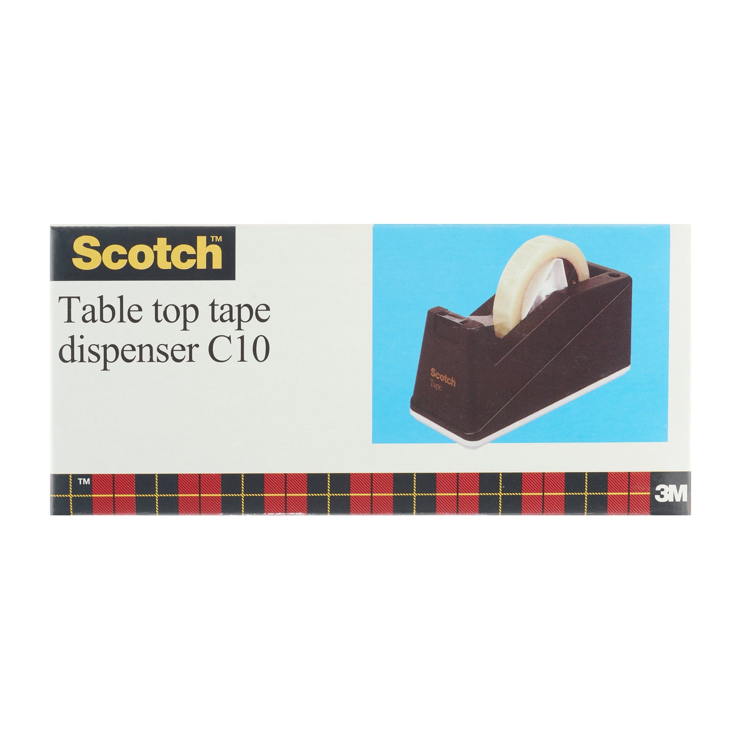 Schachtel für den Scotch™ Tischabroller C10, Schwarz von 3M Deutschland GmbH. Mit Foto des Klebebandabrollers mit Klebeband, Produktname, 3M-Logo unten rechts und Scotch-Branding mit rot-kariertem Muster. 1 Abroller/Packung.