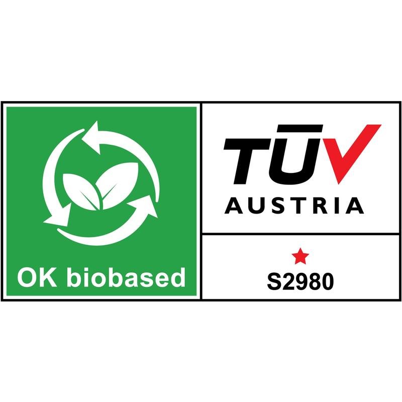 "OK biobased"-merkki näyttää vihreitä lehtiä, pyöreitä nuolia ja TÜV AUSTRIA -osaa punaisella tähdellä ja koodilla S2980 - ihanteellinen ympäristöystävällisille tuotteille kuten 3M Deutschland GmbH:n Scotch™-pöytäteline kissan muotoilulla C39 + Magic™ -teippi.