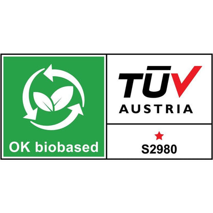 "OK biobased"-merkki näyttää vihreitä lehtiä, pyöreitä nuolia ja TÜV AUSTRIA -osaa punaisella tähdellä ja koodilla S2980 - ihanteellinen ympäristöystävällisille tuotteille kuten 3M Deutschland GmbH:n Scotch™-pöytäteline kissan muotoilulla C39 + Magic™ -teippi.