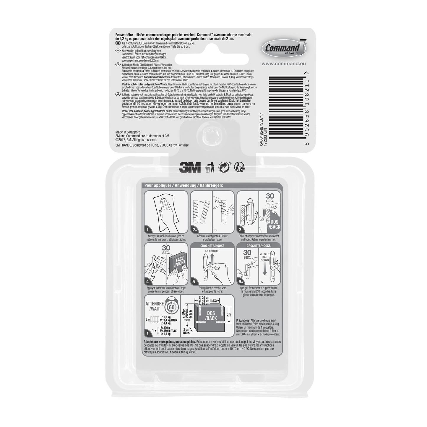Die Abbildung zeigt die Vorder- und Rückseite einer 3M Deutschland GmbH Multipack Command™ Strips, 17200 | Packung (1 Stück) Verpackung mit Montageanleitung, einschließlich Symbolen und Diagrammen zum Anbringen und Entfernen der Klebestreifen.