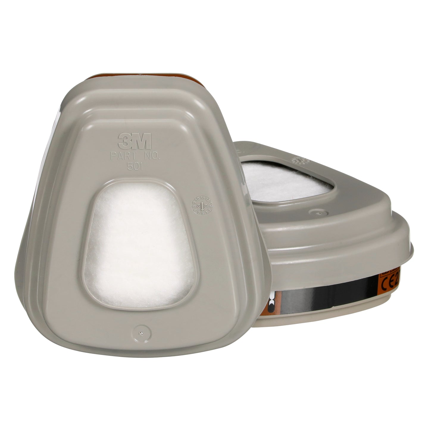 Abgebildet sind zwei hellgraue 3M™ Filtersatz 6003-1SP A2P3 Filter (Packung: 1 Stück, je 2x6055, 2x5935, 2x501) der 3M Deutschland GmbH - einer aufrecht, einer auf der Seite -, die Produktdetails und einen Reflexionsstreifen für organische Dämpfe und Partikel hervorheben.