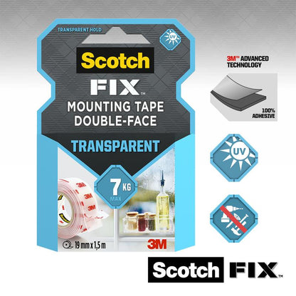 Scotch-FIX™ läpinäkyvä kaksipuolinen kiinnitysteippi 4910C 3M Deutschland GmbH:ltä kestää jopa 7 kg, mitat ovat 19 mm x 1,5 m ja pakkaus on merkitty symboleilla UV-kestävyydestä, edistyneestä 3M-teknologiasta ja voimakkaasta tarttuvuudesta.