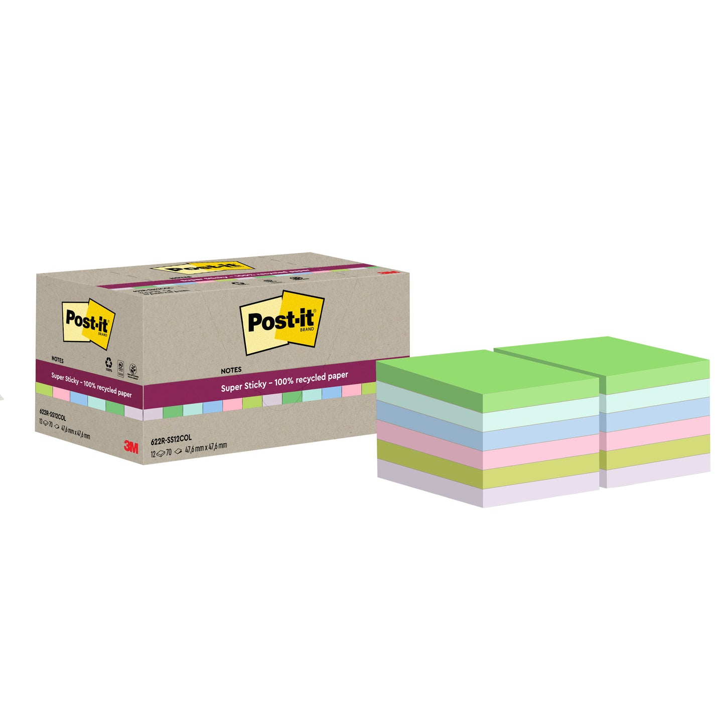 3M Deutschland GmbH:n Post-it® Super Sticky 100% kierrätysmuistilappujen laatikko (47,6 x 47,6 mm, 70 arkkia/lohko, 100% PEFC) esitetään vihreiden, sinisten, violettien, pinkkien ja keltaisten muistilappujen vieressä.