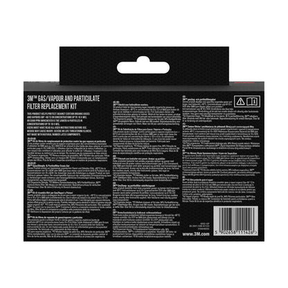 3M™-suodatinpakkaus 6002-1, A2P2 orgaaniset höyryt (2x6055, 2x5925, 2x501) | Pakkaus (1 kappale) 3M Deutschland GmbH:ltä, takanäkymä, jossa on tuotetietoja, ohjeita ja varoituksia orgaanisista höyryistä useilla kielillä.