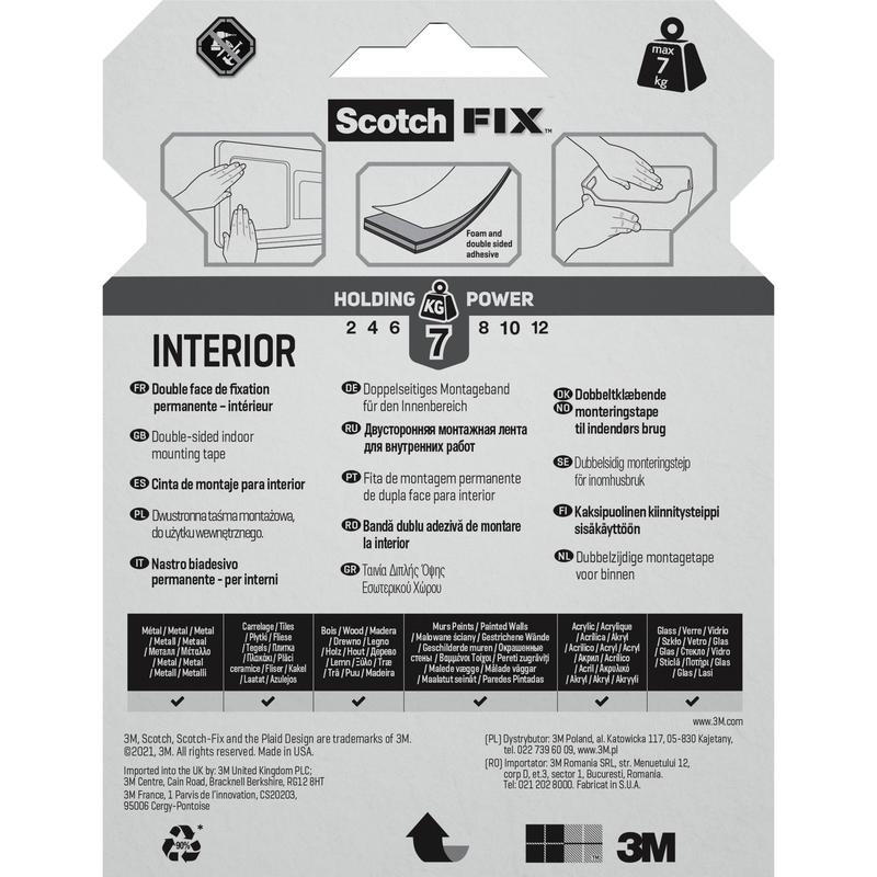 Scotch-FIX™ kaksipuolisen sisäkiinnitysteipin pakkaus 3M Deutschland GmbH:ltä näyttää monikielistä tekstiä, käyttötapojen kuvia ja symboleja, jotka osoittavat, että teippi voi kantaa jopa 7 kg.