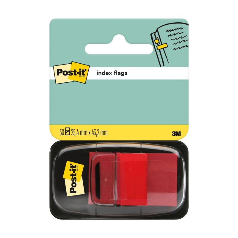 Pakkaus sisältää 50 Post-it® Index -lippua (25,4 mm x 43,2 mm) 3M Deutschland GmbH:lta, toimitetaan mustassa annostelijassa, jossa on keltainen etiketti ja teal-keltainen kartonkipohja.