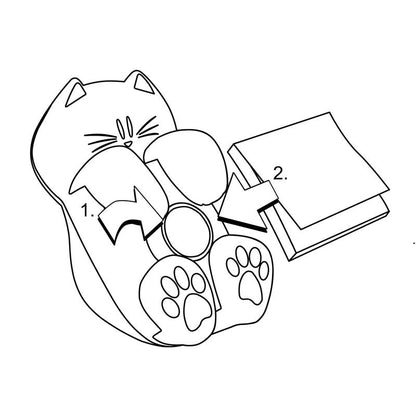 Viivapiirros valkoisesta Post-it® Z-Notes -annostelijasta kissan muodossa 3M Deutschland GmbH:lta, merkitty numerolla "1", joka pitää pyöreää esinettä, nuoli osoittaa oikealle taitettuihin pinkkeihin Post-it® Super Sticky Z-Notes -muistilappuihin, merkitty numerolla "2".