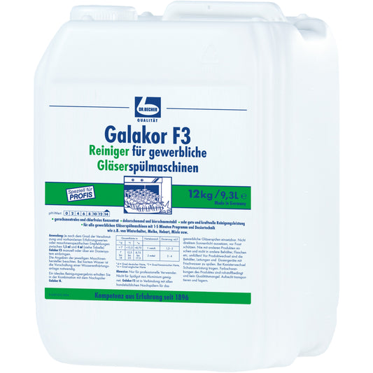 12 kg (9300 ml) weißer Kunststoffkanister Dr. Becher Galakor F3 Glaspülmaschinen-Reiniger der Dr. Becher GmbH, beschriftet mit blauer und grüner Schrift und Diagrammen für handelsübliche Gläserspülmaschinen.