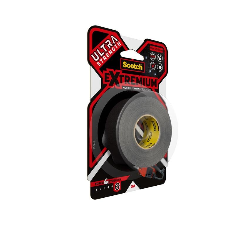 Yksi rulla 3M Scotch® Extremium™ Ultra High Performance -teippiä DT17 (10 m x 24 mm) mustana, pakattu punaisella, mustalla ja keltaisella brändäyksellä korostamaan voimaa asteikolla 6 äärimmäisiin tarpeisiin. Pakkaus sisältää 1 rullan.