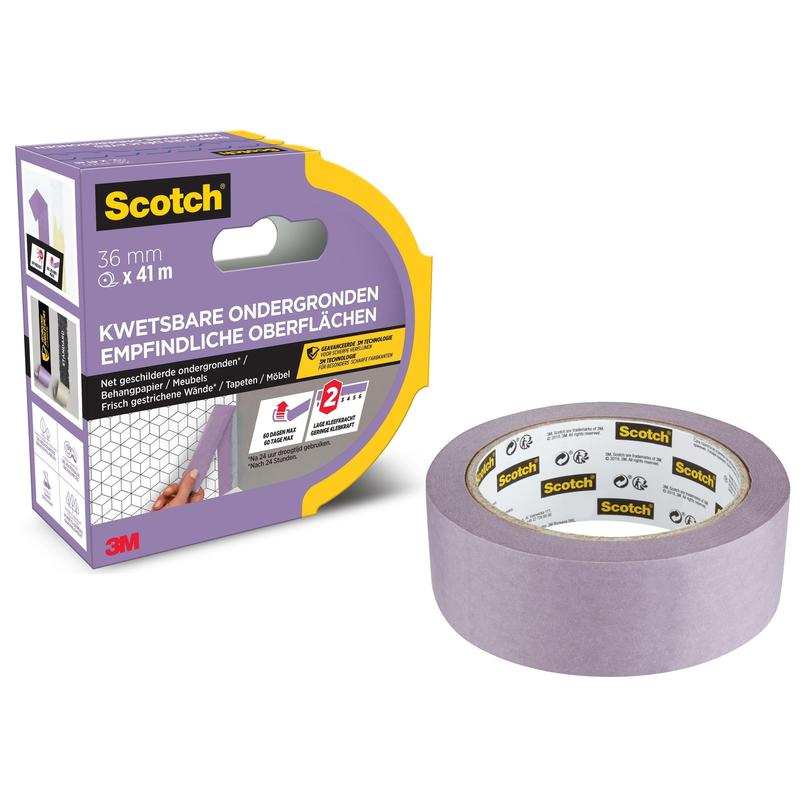 3M Deutschland GmbH:n 3M Scotch® maalarinteippi herkille pinnoille (36 mm x 41 m) on lila-keltaisessa laatikossa, jossa on hollannin- ja saksankielinen merkintä. Se on PEFC-sertifioitu ja voidaan poistaa ilman jäämiä.