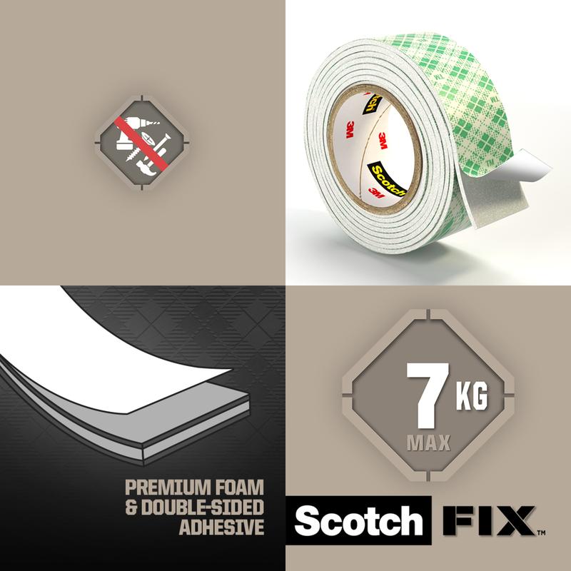Kuva Scotch-FIX™ kaksipuolisesta sisäkiinnitysteipistä 3M Deutschland GmbH:ltä, joka näyttää teippirullan, No-Nails-symbolin, vaahto- ja liimakerroksen, "7 KG MAX" ja "Premium Foam & Double-Sided Adhesive" jaetulla taustalla.