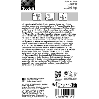 Scotch® Extra pehmeiden huopatyynyjen, itseliimautuvia, beige 3M Deutschland GmbH:n pakkauksen takapuoli, jossa on musta teksti valkoisella pohjalla monikielisillä ohjeilla, eduilla, käyttöohjeilla ja viivakoodilla.