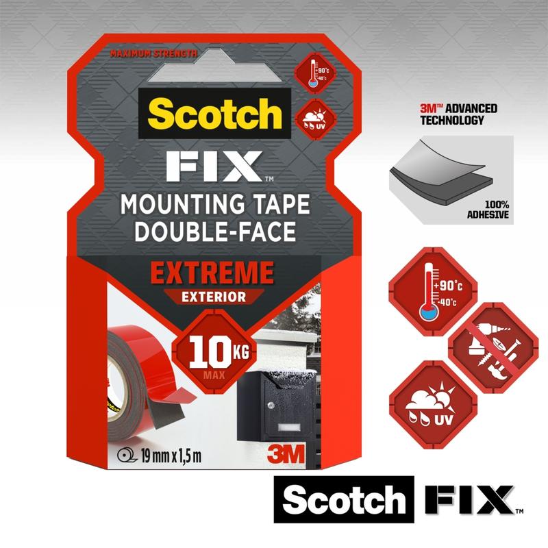 Yksi paketti Scotch-FIX™ Extreme kaksipuolista ulkokiinnitysteippiä 3M Deutschland GmbH:lta, 10 kg maksimivahvuus, sään- ja UV-kestävyys sekä edistynyt liimateknologia.