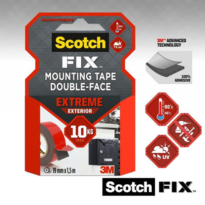 Yksi paketti Scotch-FIX™ Extreme kaksipuolista ulkokiinnitysteippiä 3M Deutschland GmbH:lta, 10 kg maksimivahvuus, sään- ja UV-kestävyys sekä edistynyt liimateknologia.