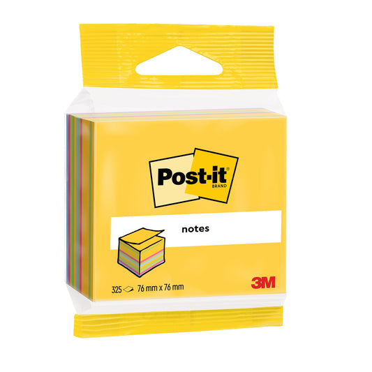Eine Packung Post-it® Notes Würfel von 3M Deutschland GmbH, 76 x 76 mm, 450 Blatt pro Block, farblich sortiert und PEFC-zertifiziert.