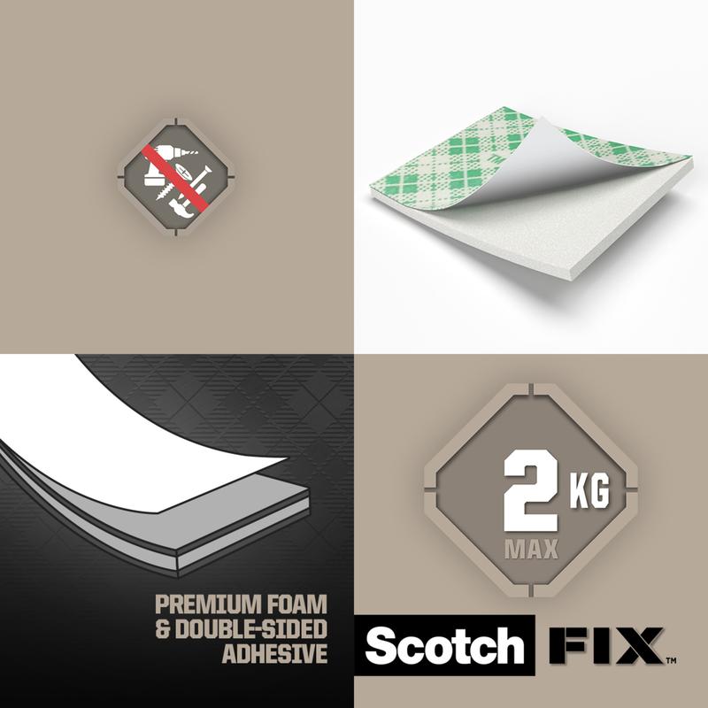 Grafiikka esittää No-Nails-symbolin, 3M Deutschland GmbH:n Scotch-FIX™ kaksipuolisia sisäasennusneliöitä (25 mm x 25 mm, 16 kpl), joilla on vahva liimausvoima, "Premium Foam & Double-Sided Adhesive", "2 KG MAX", beigellä taustalla.