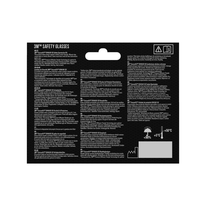 3M™ SecureFit™ suojalasien 400 pakkauksen takapuoli, 3M Deutschland GmbH:ltä, jossa on tuotetietoja, ohjeita ja turvallisuussymboleja useilla kielillä mustalla taustalla. Lämpötila- ja kosteussymbolit sijaitsevat oikeassa alakulmassa.