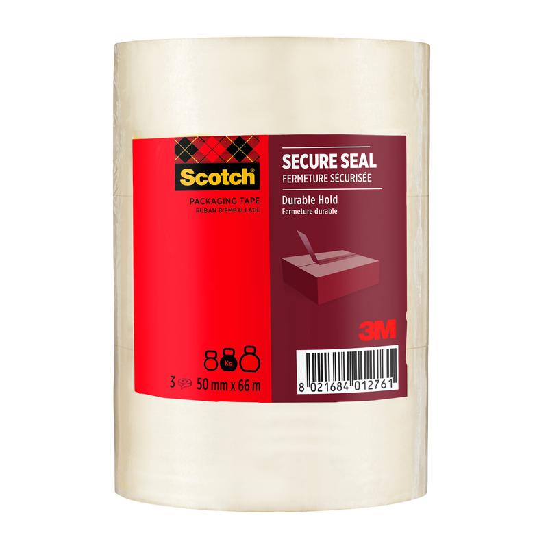 Kolmen pakkauksen Scotch®-pakkausteippi turvalliseen sulkemiseen (50 mm x 66 m) 3M Deutschland GmbH:lta, punaisella ja mustalla pakkauksella, jossa on tuotetiedot, viivakoodi ja kuva laatikon teippaamisesta.
