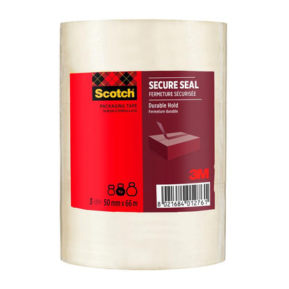 Kolmen pakkauksen Scotch®-pakkausteippi turvalliseen sulkemiseen (50 mm x 66 m) 3M Deutschland GmbH:lta, punaisella ja mustalla pakkauksella, jossa on tuotetiedot, viivakoodi ja kuva laatikon teippaamisesta.