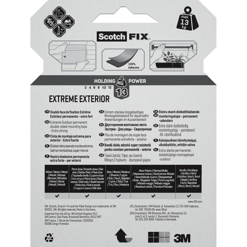 3M Deutschland GmbH:n Scotch-FIX™ Extreme kaksipuolisen ulkokiinnitysteipin takaosassa on mustalla tekstillä harmaalla taustalla 13 kg painorajoitus, käyttöohjeet, sopivat pinnat ja turvallisuusohjeet useilla kielillä.
