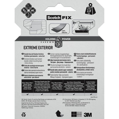 3M Deutschland GmbH:n Scotch-FIX™ Extreme kaksipuolisen ulkokiinnitysteipin takaosassa on mustalla tekstillä harmaalla taustalla 13 kg painorajoitus, käyttöohjeet, sopivat pinnat ja turvallisuusohjeet useilla kielillä.