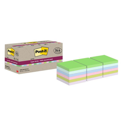 Yksi laatikko 3M Deutschland GmbH:n Post-it® Super Sticky 100% kierrätettyjä muistilappuja (76 mm x 76 mm, 70 arkkia/lohko, PEFC-sertifioitu) on kuvattu viiden värillisen pinon vieressä valkoisella taustalla.