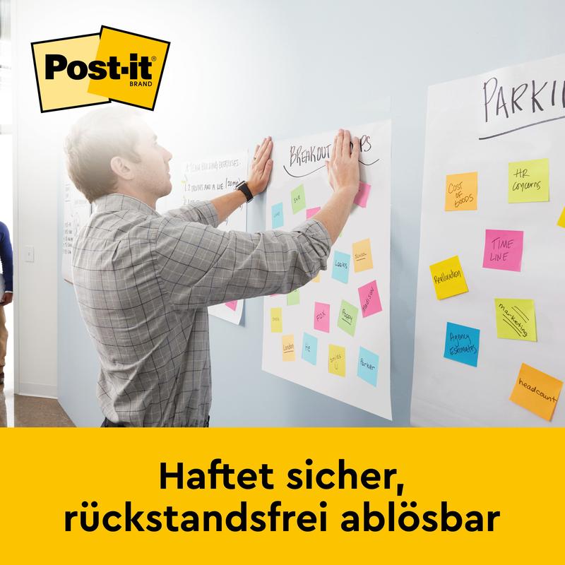 Mies kiinnittää värikkäitä lappuja seinään 3M Deutschland GmbH:n Post-it® Super Sticky itseliimautuvan kokous-/fläppitaulun jalustan (58,4x50,8 cm, 20 arkkia, 6 lohkoa) viereen. Ylhäällä Post-it-logo, alhaalla: "Kiinnittyy varmasti, irtoaa jäämättömästi."