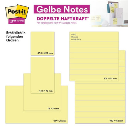 Mainoskuva 3M Deutschland GmbH:n Post-it® Super Sticky Notes -pakkauksille, 76 x 127 mm, 90 arkkia/pakkaus, 100% PEFC, tuote- ja pakkauskuvilla. Muita saatavilla olevia kokoja ovat: 47,6 x 47,6 mm, 47,6 x 73 mm ja 101 x 101 mm.
