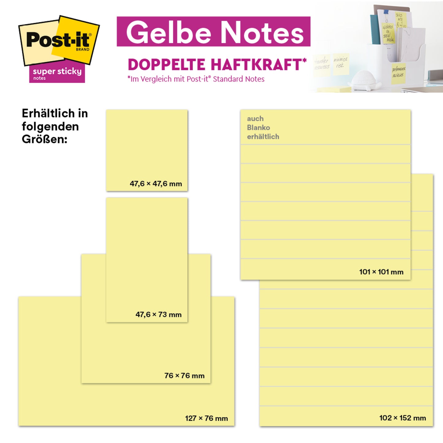 Mainoskuva 3M Deutschland GmbH:n Post-it® Super Sticky Notes -muistilapuista isossa koossa, 101 x 101 mm, 70 arkkia/lohko, 100% PEFC. Kuvassa on hajallaan olevia keltaisia muistilappuja.