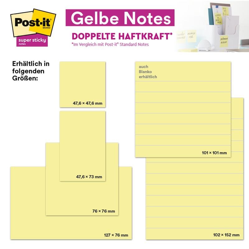 Mainoskuva 3M Deutschland GmbH:n Post-it® Notes -keltaisille (76 mm x 127 mm, 100 arkkia/lohko, 12 lohkoa/kartonki, PEFC-sertifioitu), tuotteen ja pakkauksen kuvilla.