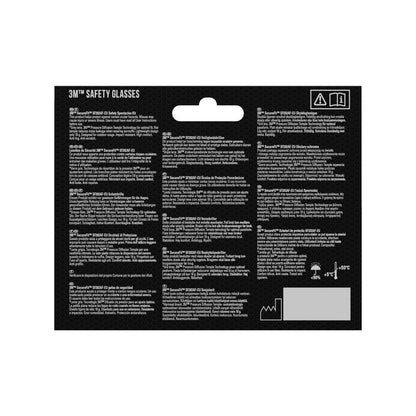 3M Deutschland GmbH:n 3M™ SecureFit™ 200 -suojalasien pakkauksen takapuoli näyttää tuotetiedot, ohjeet ja varoitukset useilla kielillä symboleilla ja ripustuslenkillä; valkoinen teksti mustalla taustalla.